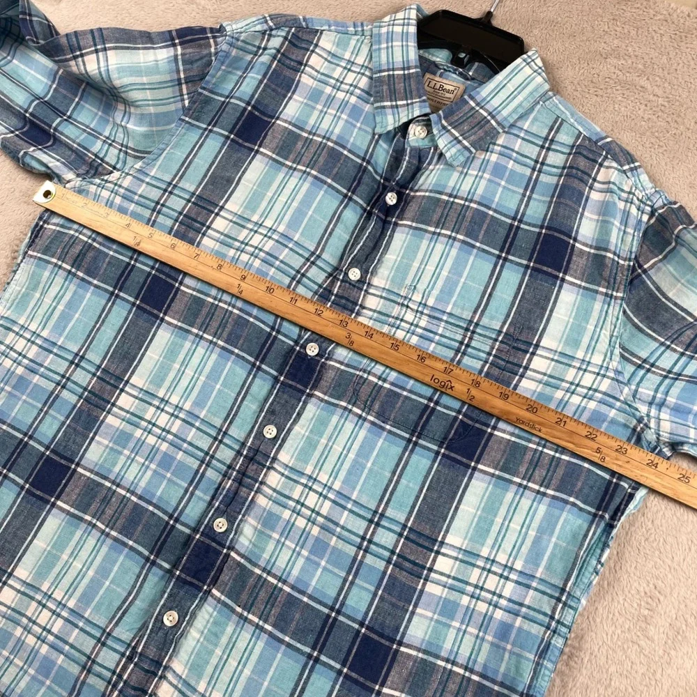 LL Bean Shirt Men LT Large Tall Blue Plaid 100% Linen Slightly Fitted Button Up - Picture 9 of 12